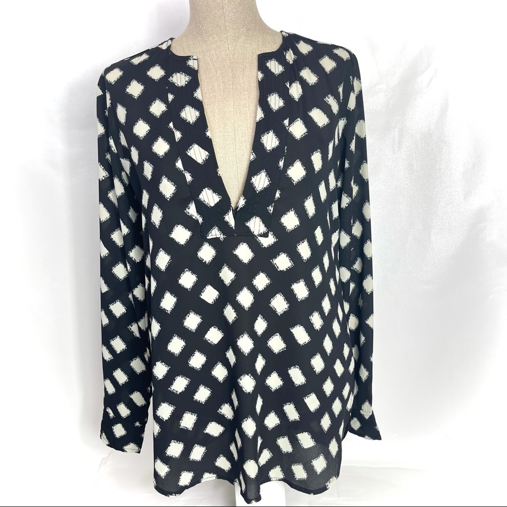 LUMIERE Tunic Blouse Top Womens Small S Black White Print Long Sleeve Work Boho